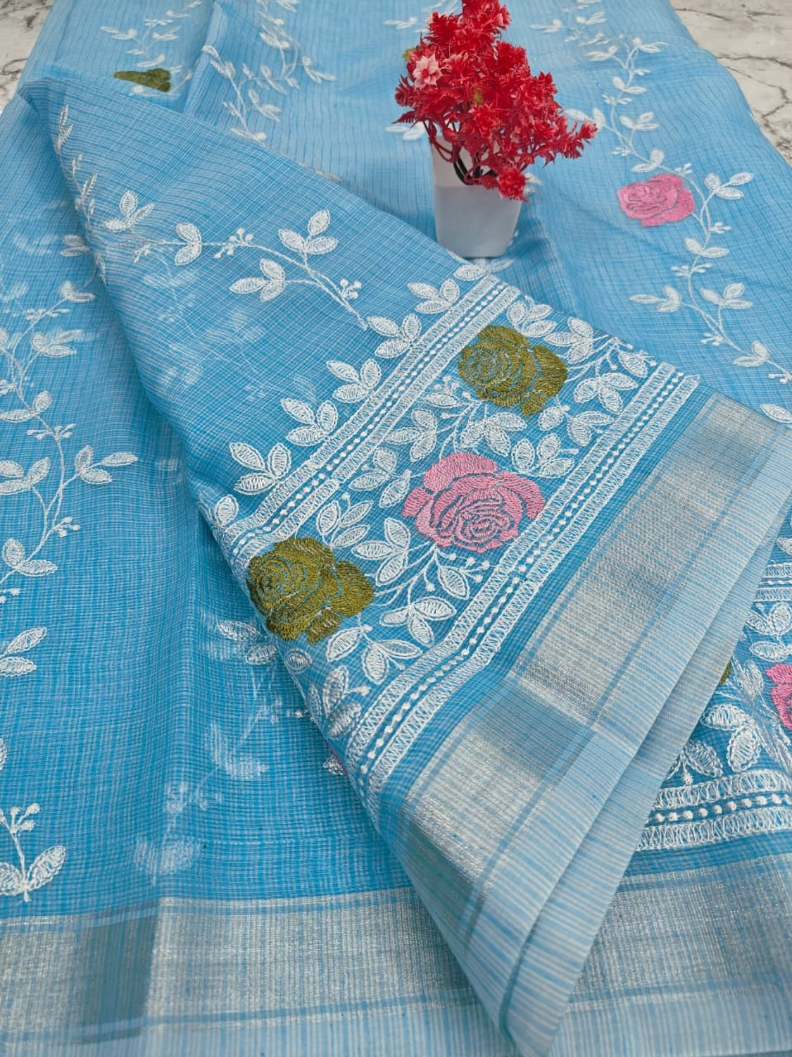 Image of Tilfelle Embroidered Kota Doria Cotton Blend Saree
