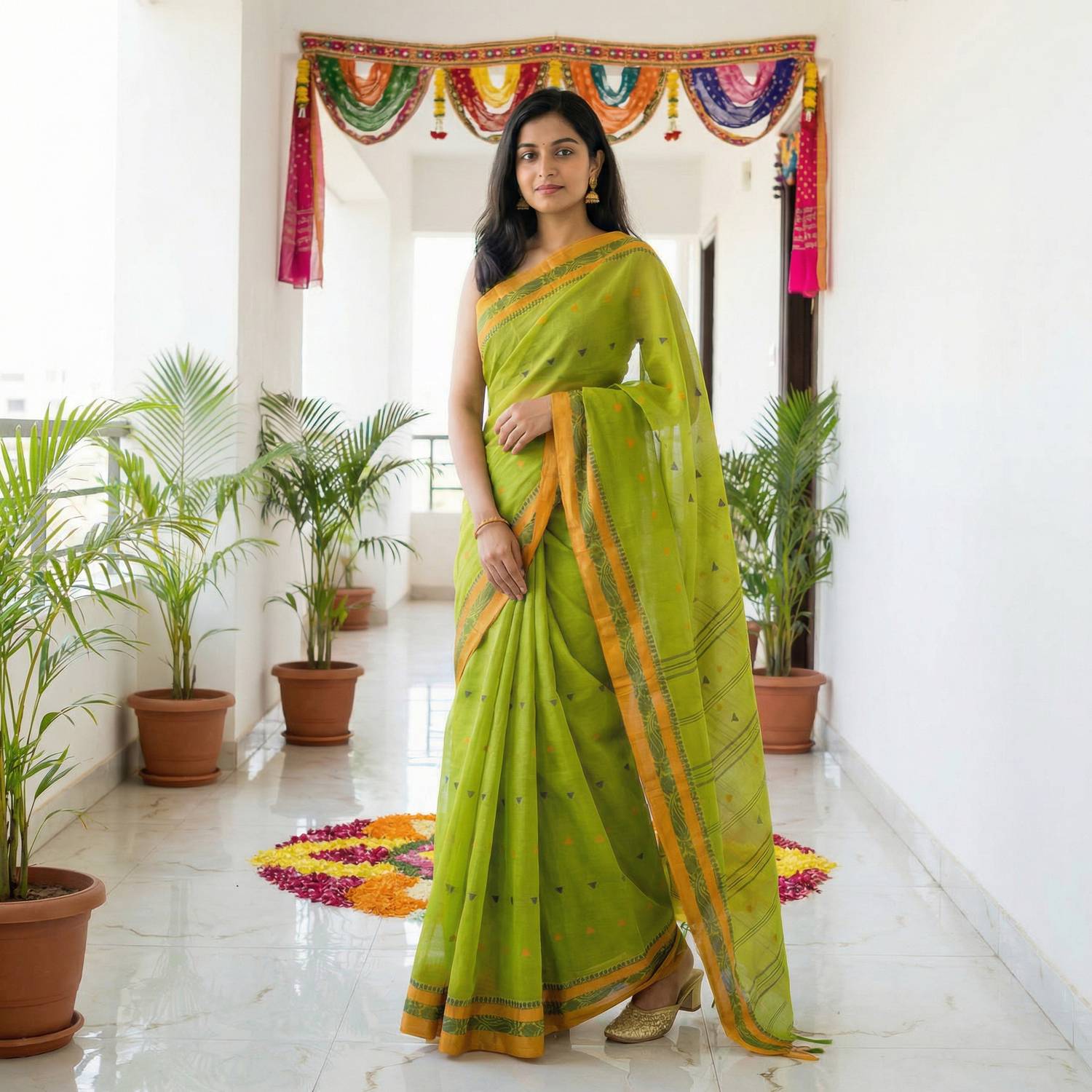 WoodenTant Woven Tant Pure Cotton Saree (Light Green)