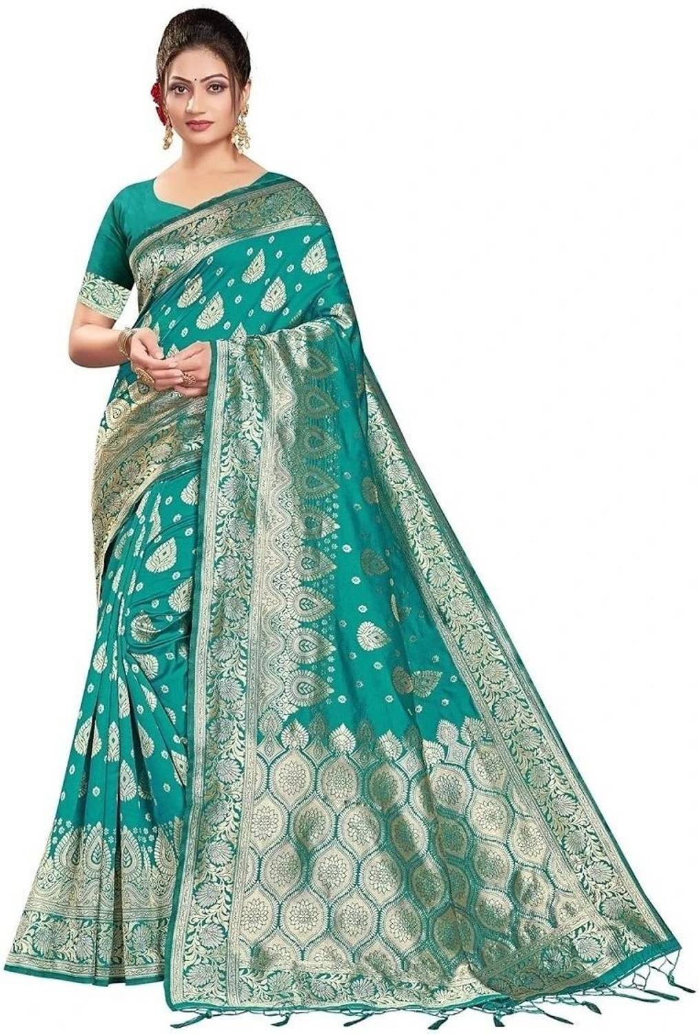 kevami fashion Woven Banarasi Jacquard Saree (Light Green)