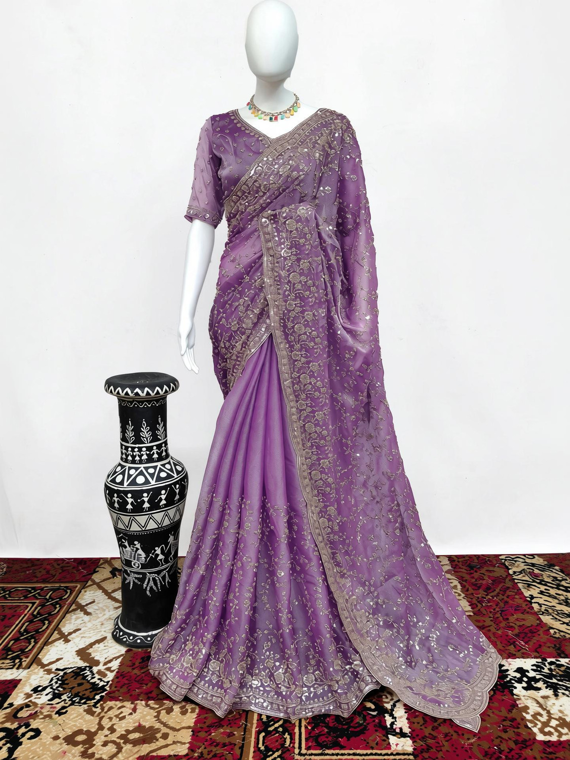 GEZREL Embroidered Bollywood Organza Saree