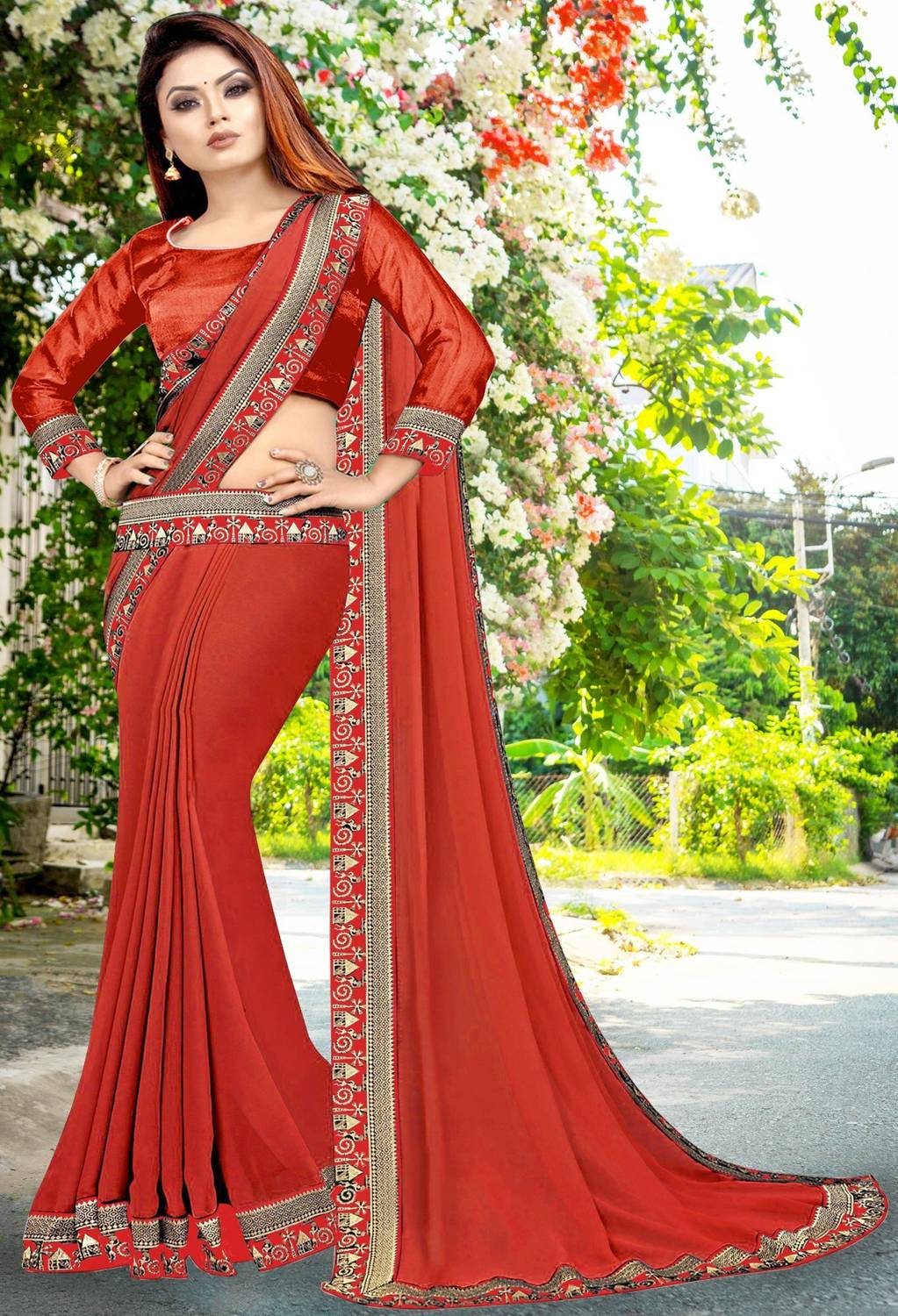 HNC Retail Solid/Plain Bollywood Lycra Blend, Chiffon Saree (Red,