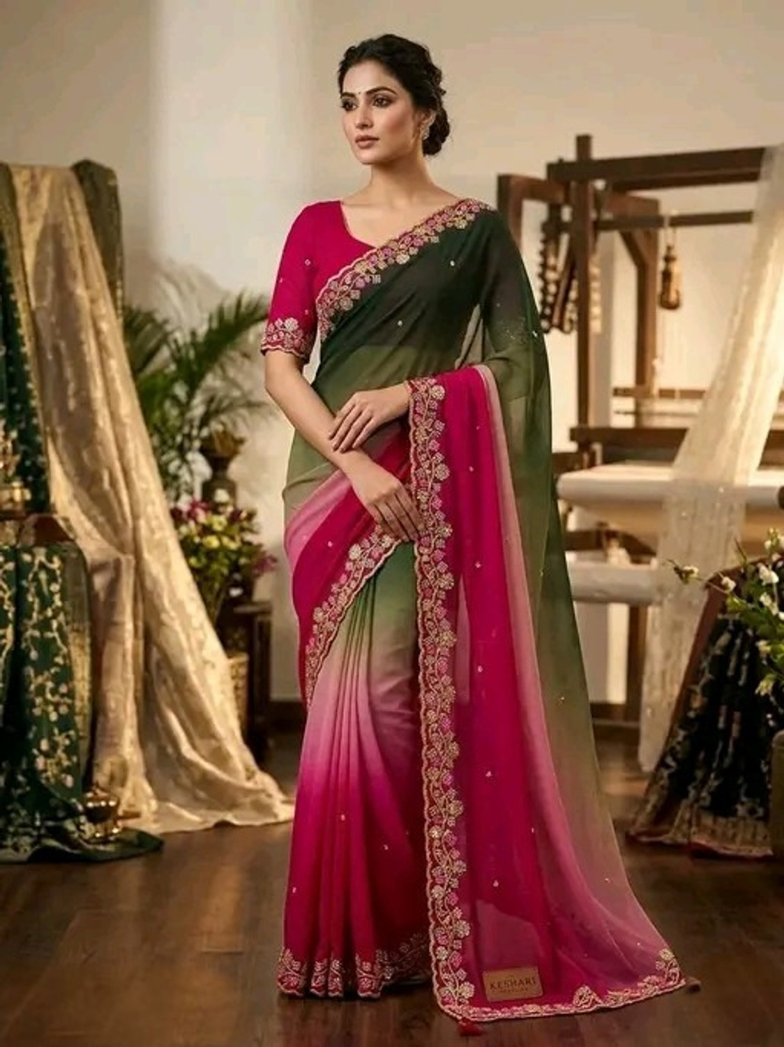Image of Classy Fashion Ombre, Embroidered Bollywood Georgette Saree