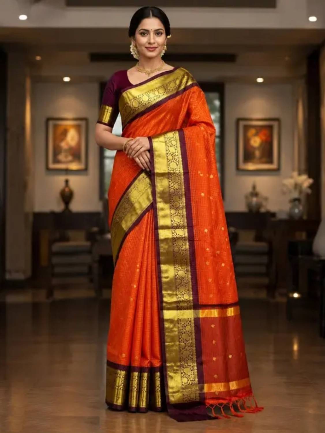 VRINDITA FASHION Woven, Temple Border, Floral Print, Checkered Narayanpet Art Silk, Jacquard Saree