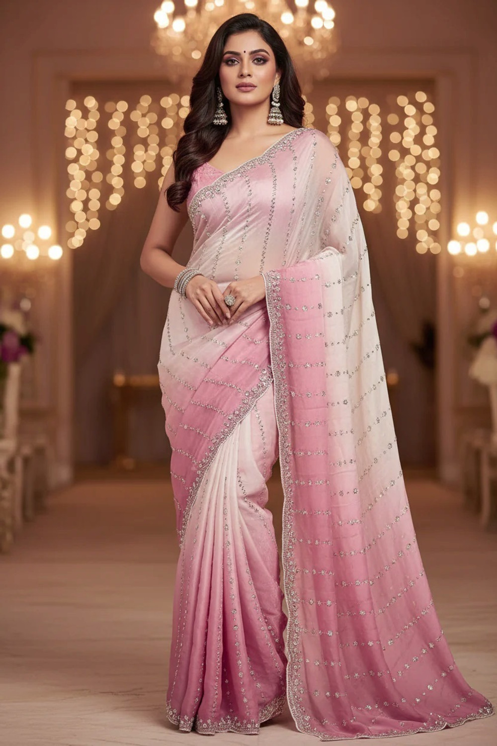Image of Riddhi textile Hub Ombre, Embellished, Printed Bollywood Satin Saree