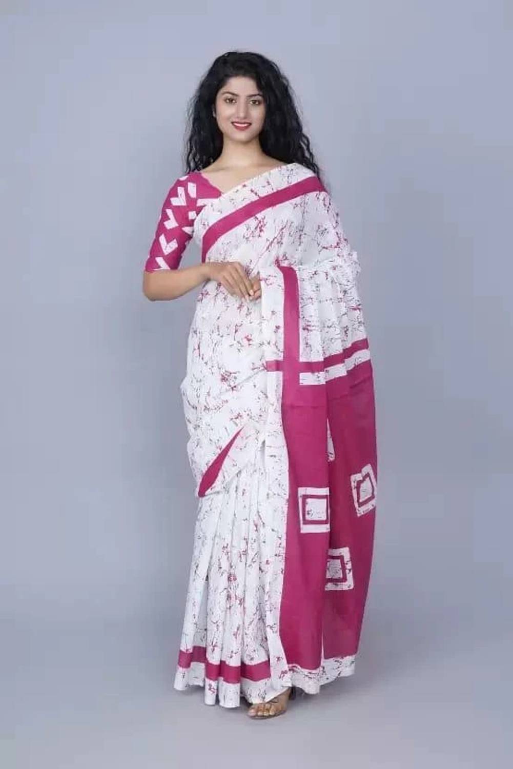 Tropwear Printed Ikkat Pure Cotton Saree (White)