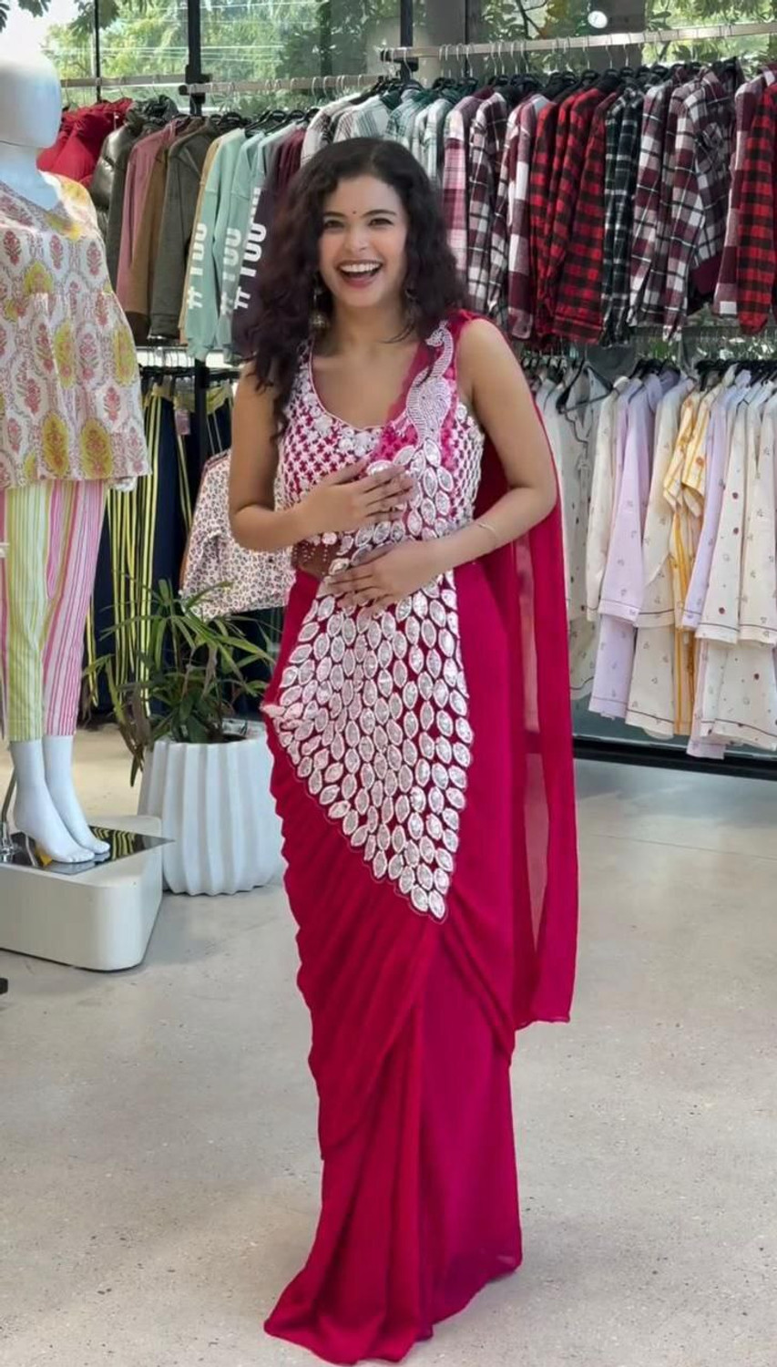 Image of VOAKT Embroidered, Embellished Pre Draped Saree Georgette Saree