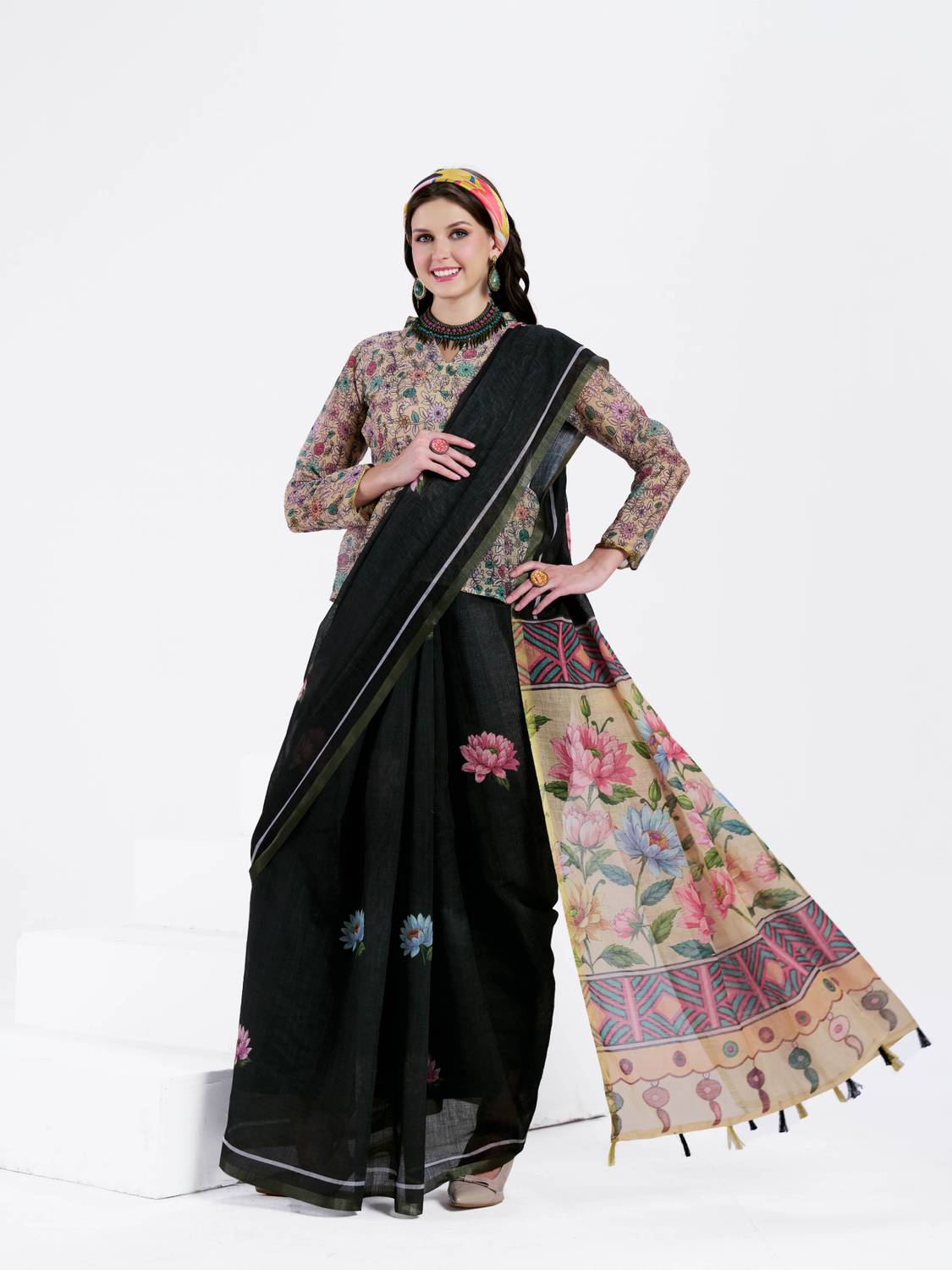 Anand Sarees Printed Bollywood Cotton Linen Saree