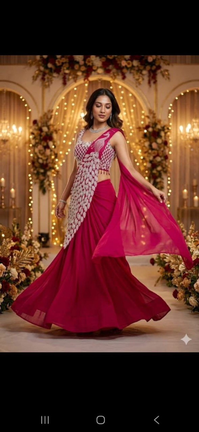 Image of VOAKT Embroidered, Embellished Pre Draped Saree Georgette Saree