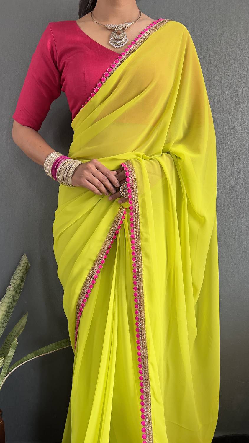 Aquiliq Solid/Plain, Embroidered Bollywood Georgette Saree