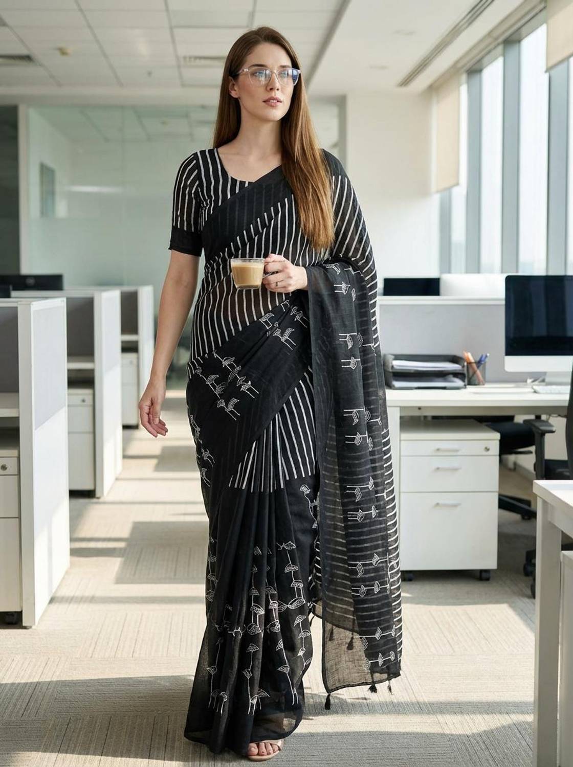 Anand Sarees Embellished, Digital Print, Striped, Floral Print Bollywood Cotton Linen Saree