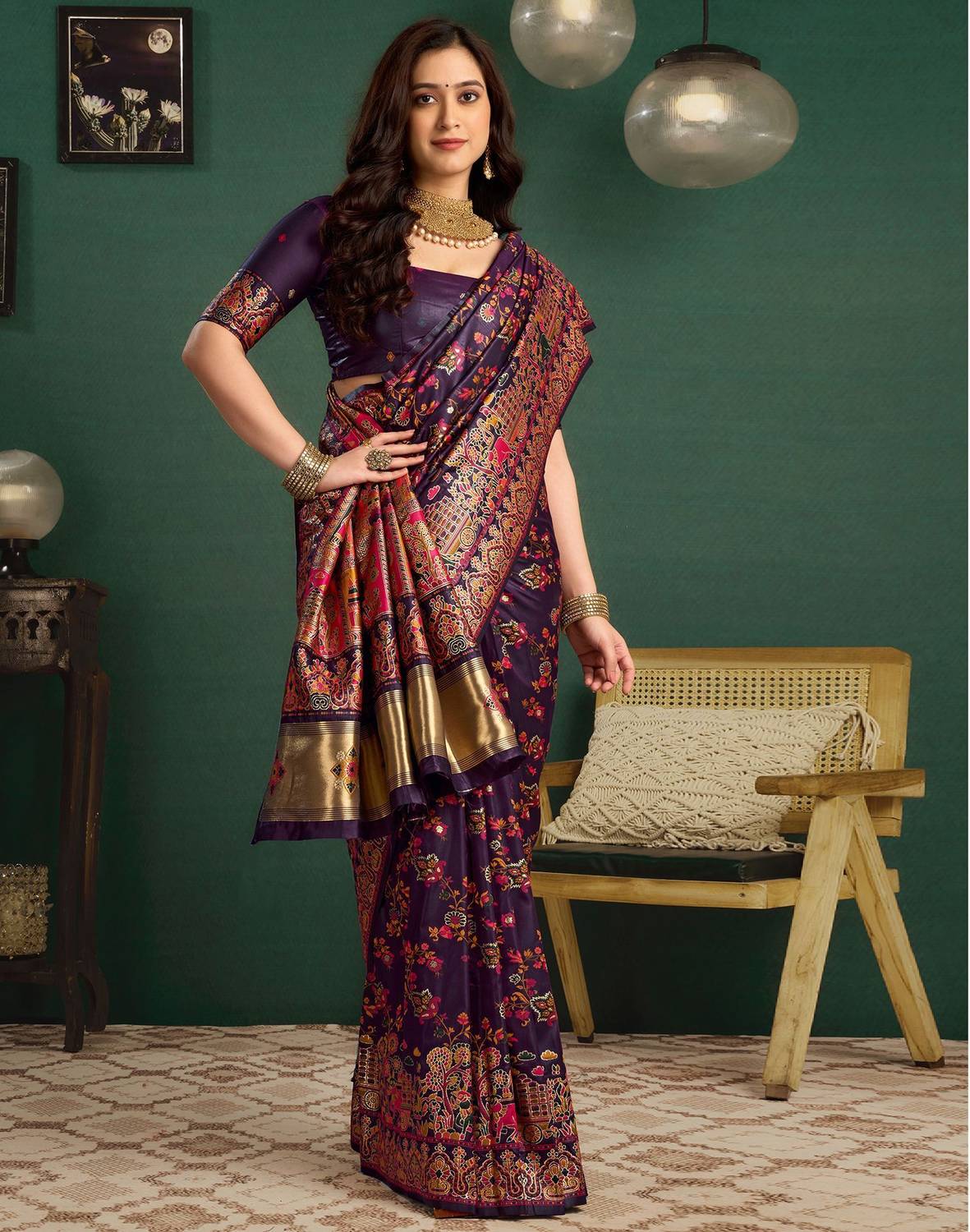 Satrani Woven Banarasi Silk Saree Purple - Image 5