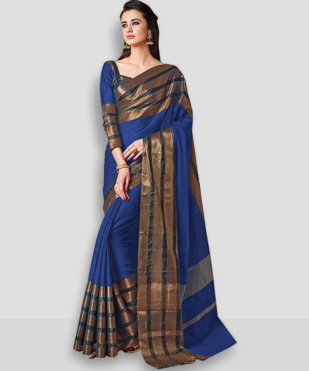 BAPS Striped, Woven, Embellished, Solid/Plain Mysore Cotton Blend, Art Silk Saree