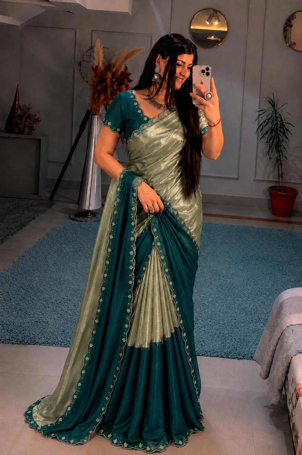 sadala culture Embellished, Color Block Bollywood Tissue, Satin Saree