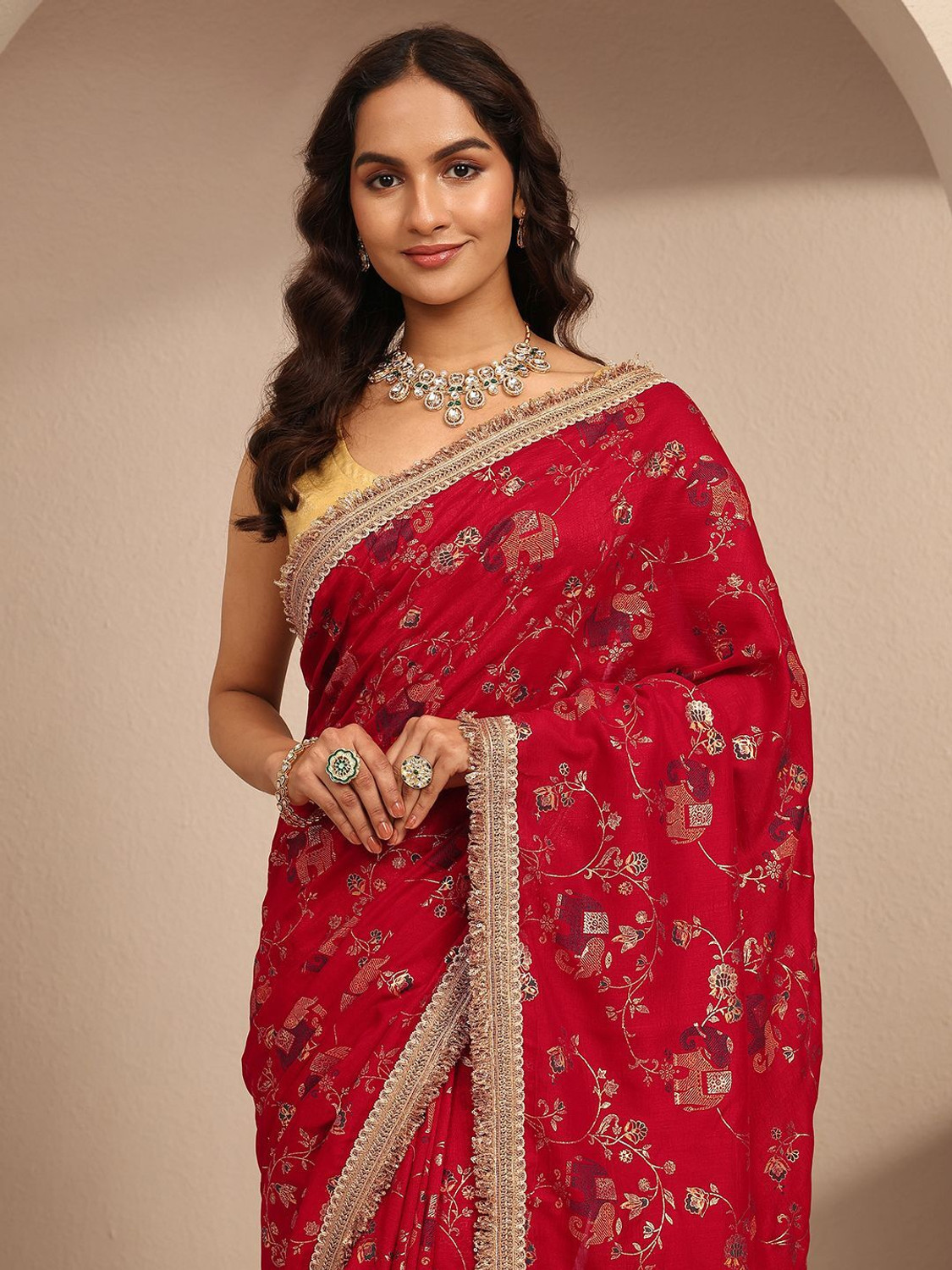 Image of LIBAS Printed Daily Wear Silk Blend Saree (Red)