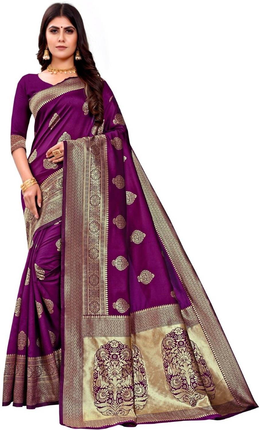 TIGERSNAKE Woven Kasavu Silk Blend Saree (Purple)