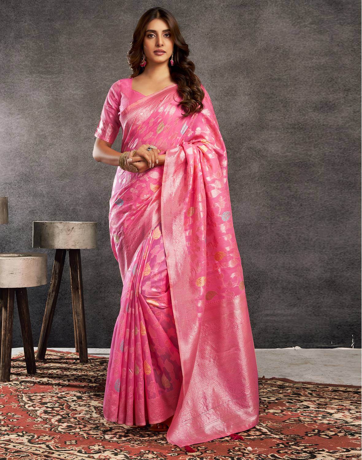 Satrani Dyed, Woven, Embellished Chanderi Silk Blend Saree (Pink,