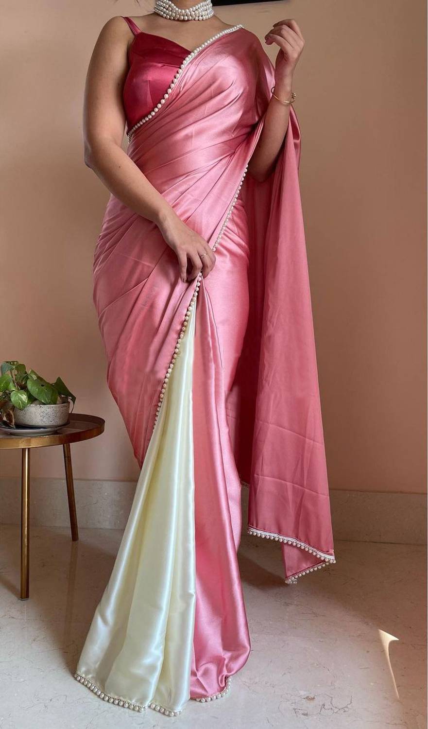 BRAHMSHAKTI Solid/Plain Bollywood Satin, Pure Silk Saree