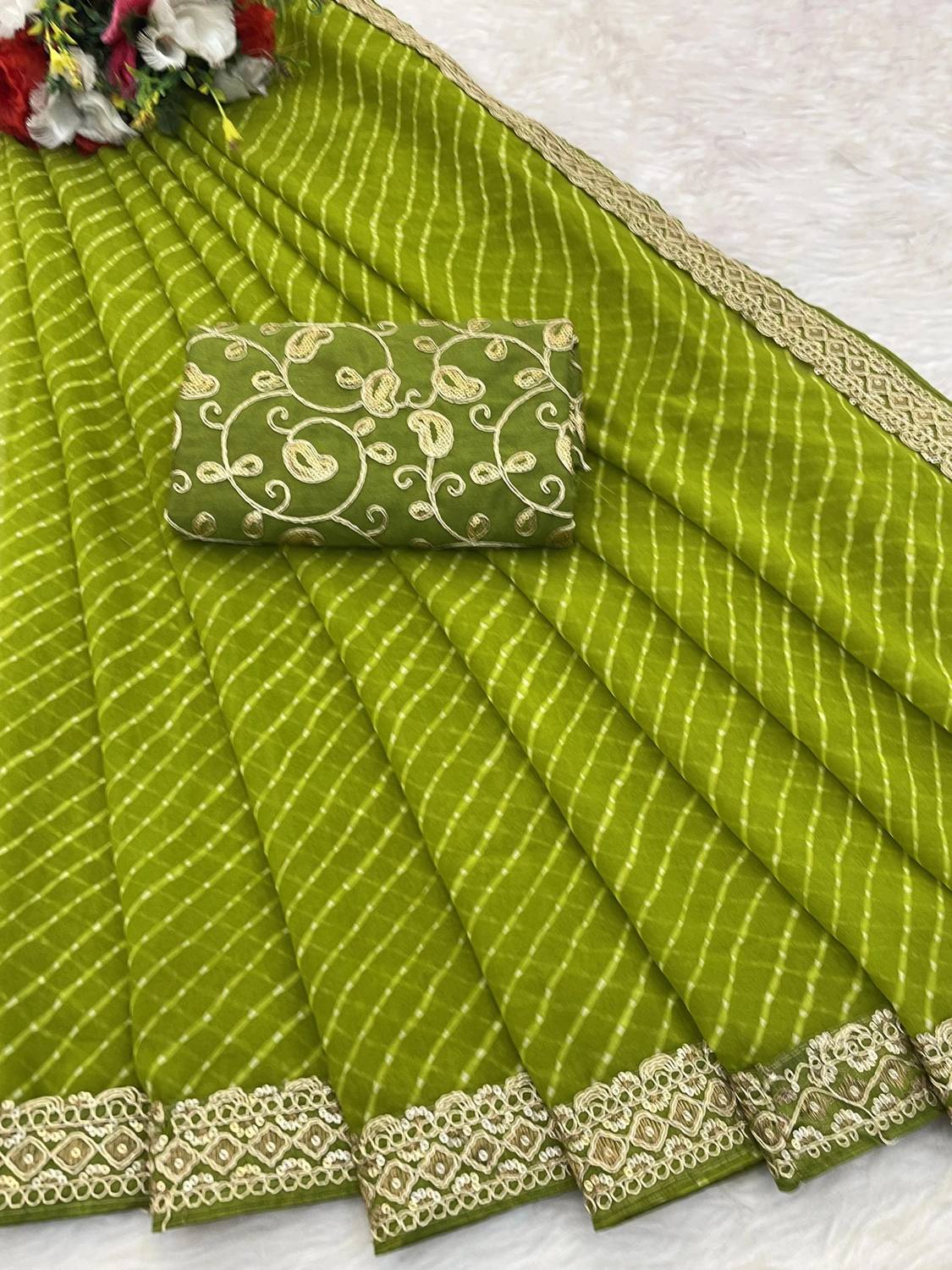 RHG Fashion Embroidered Bandhani Georgette Saree (Green)