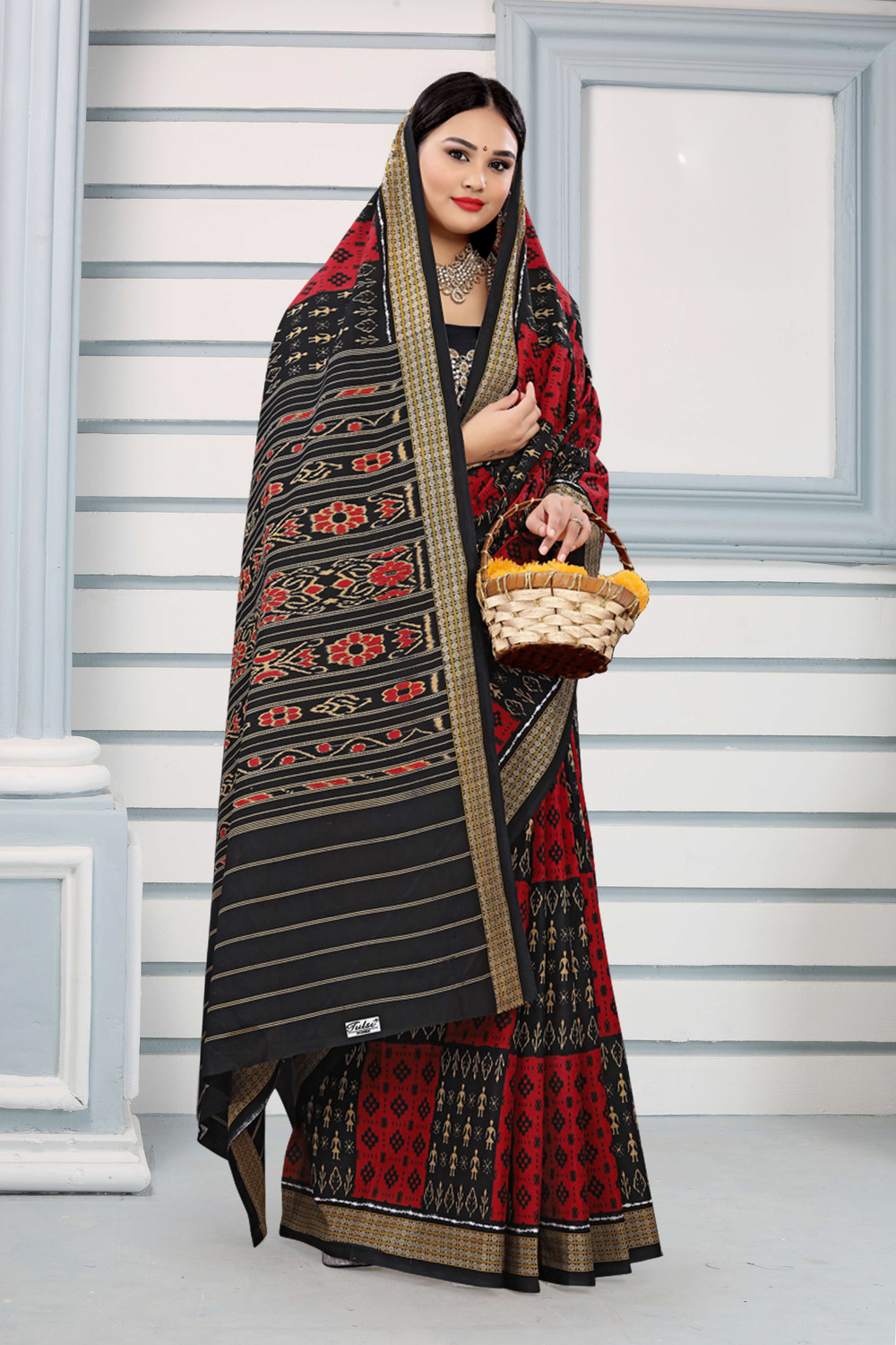 Image of ETHNIC ODISHA HANDLOOM Printed, Digital Print, Geometric Print, Checkered, Polka Print, Graphic Print Sambalpuri Pure Cotton Saree (Red)
