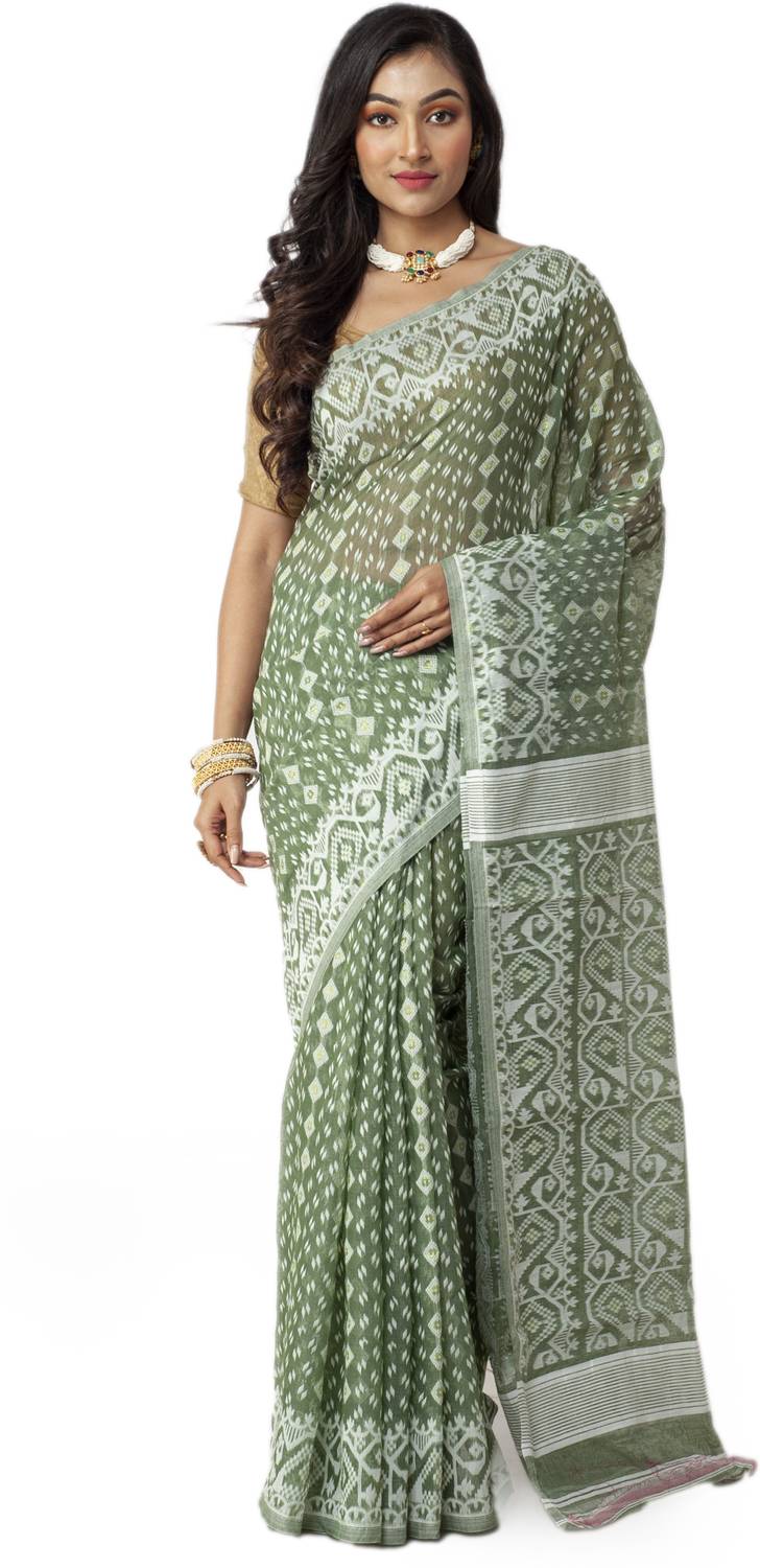 New Sareee Center Woven Jamdani Pure Cotton Saree (Light Green)