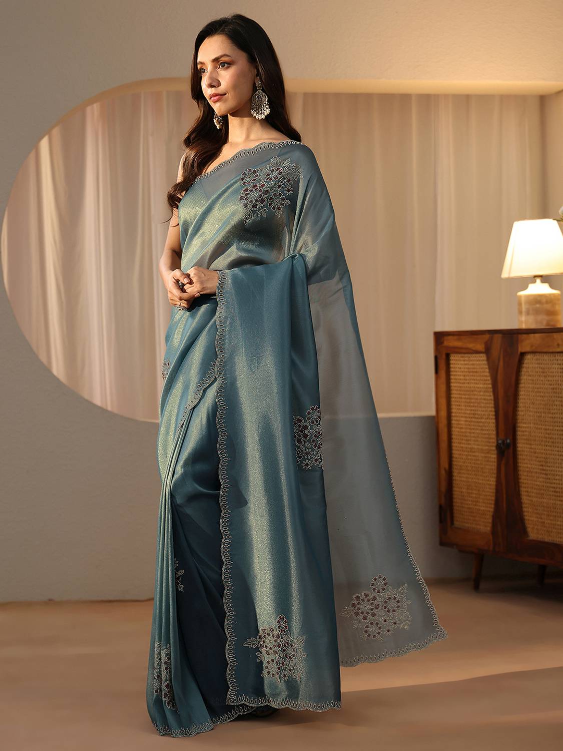LIBAS Embellished Banarasi Tissue Saree Blue - Image 3