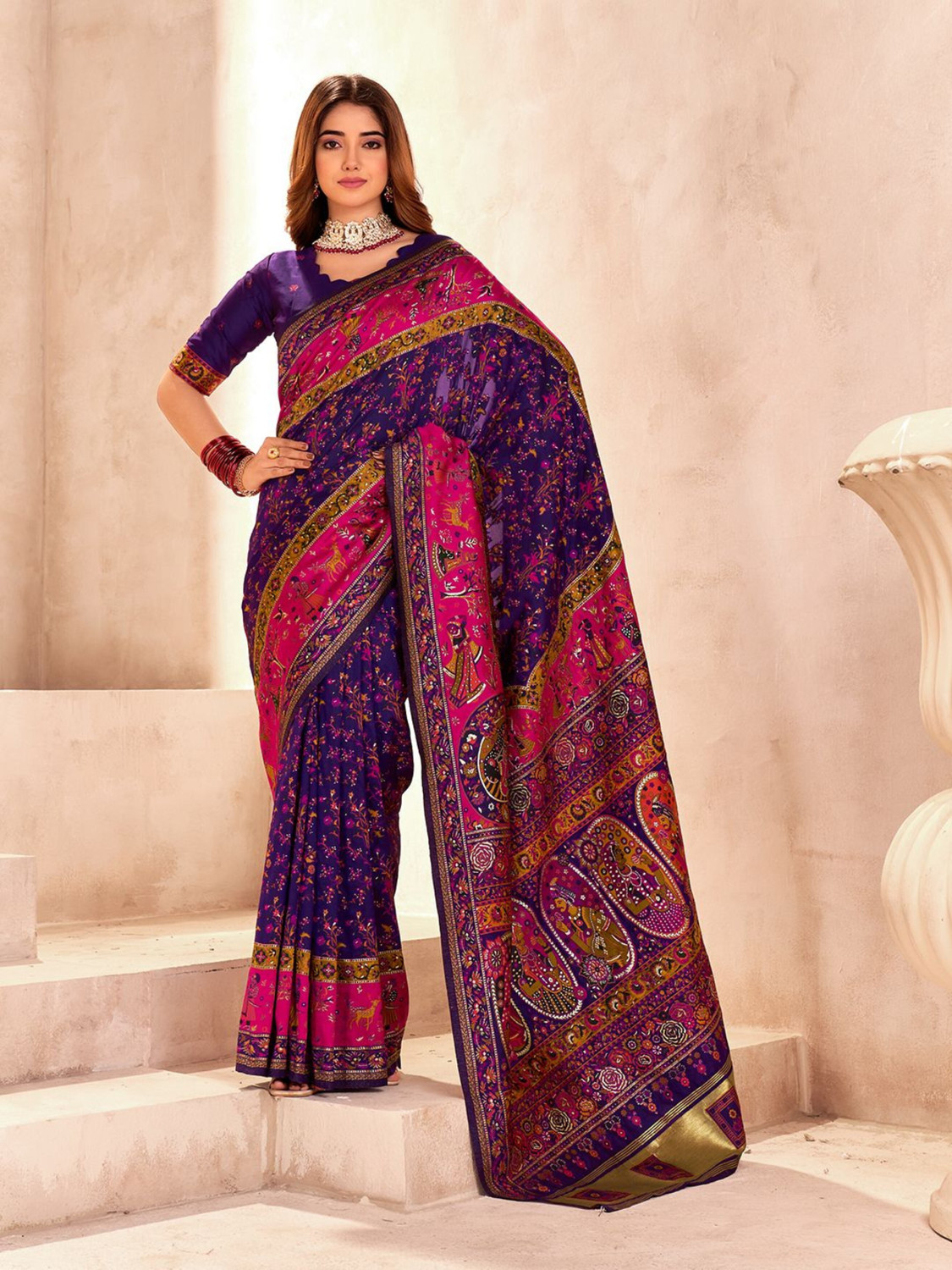 Image of HouseOfCommon Woven Madhubani Semi-Pashmina Saree