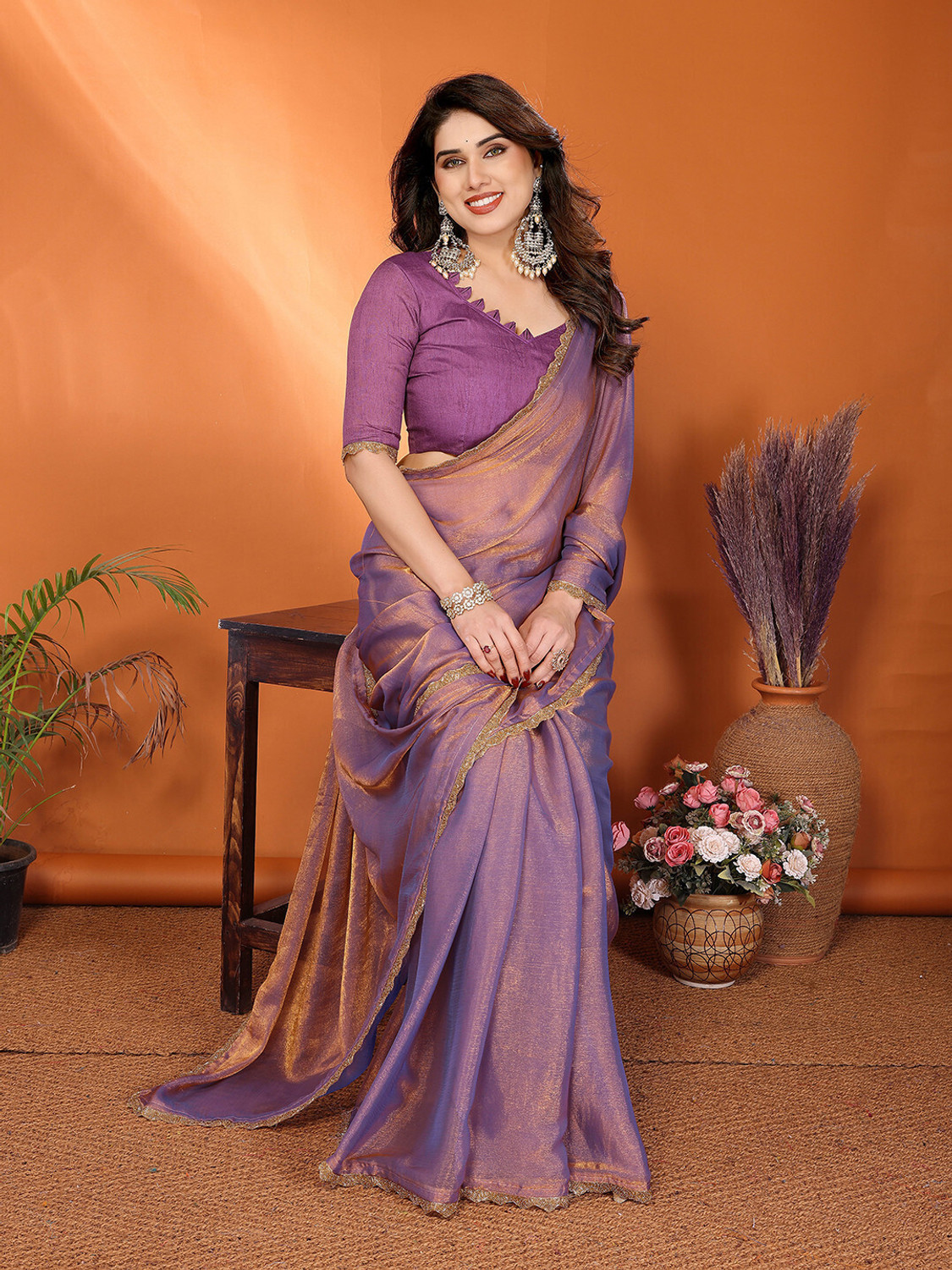 Image of kashvi sarees Embellished, Solid /Plain, Self Design Bollywood Tissue Saree