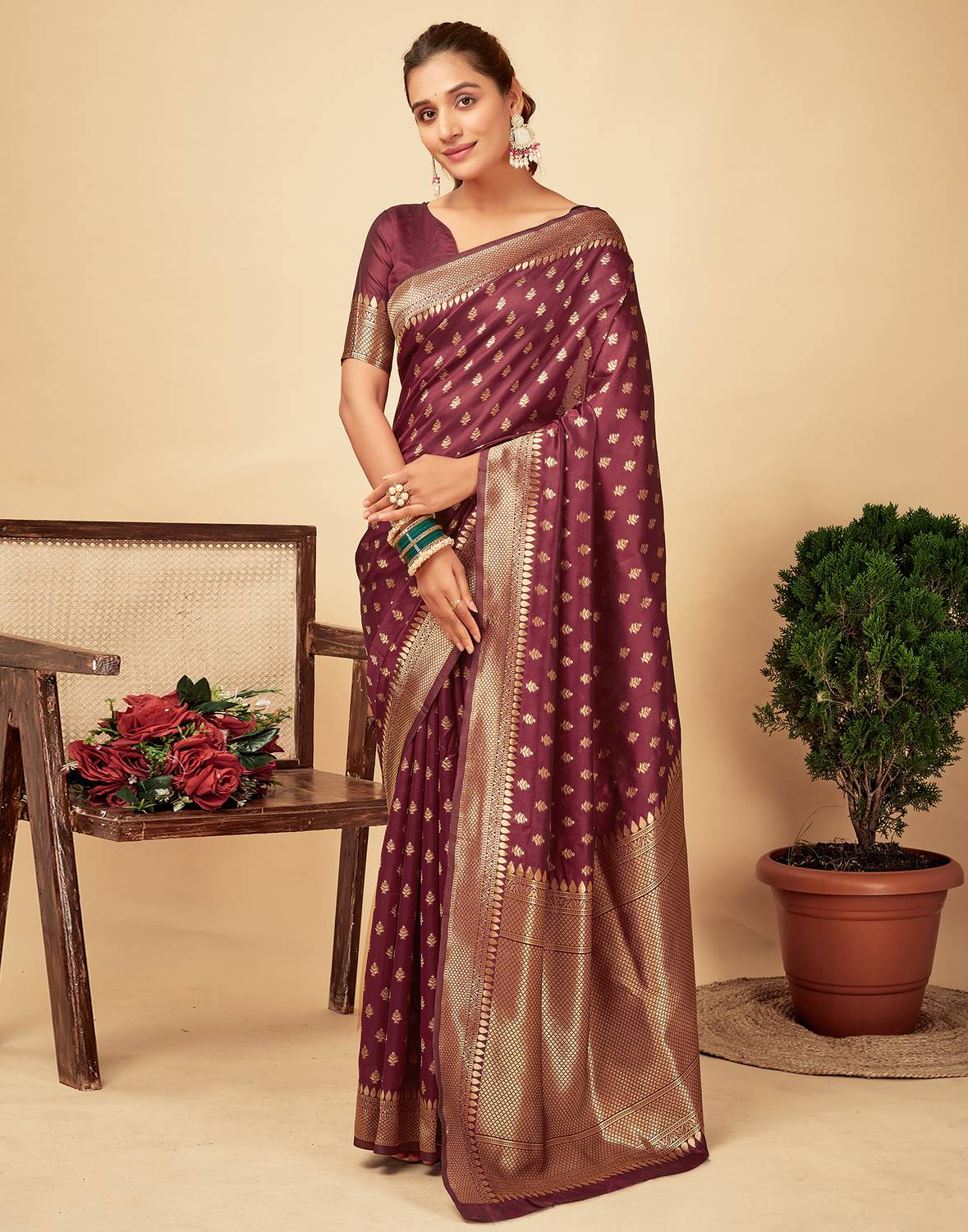 Samah Dyed, Woven, Embellished Banarasi Silk Blend Saree (Maroon,