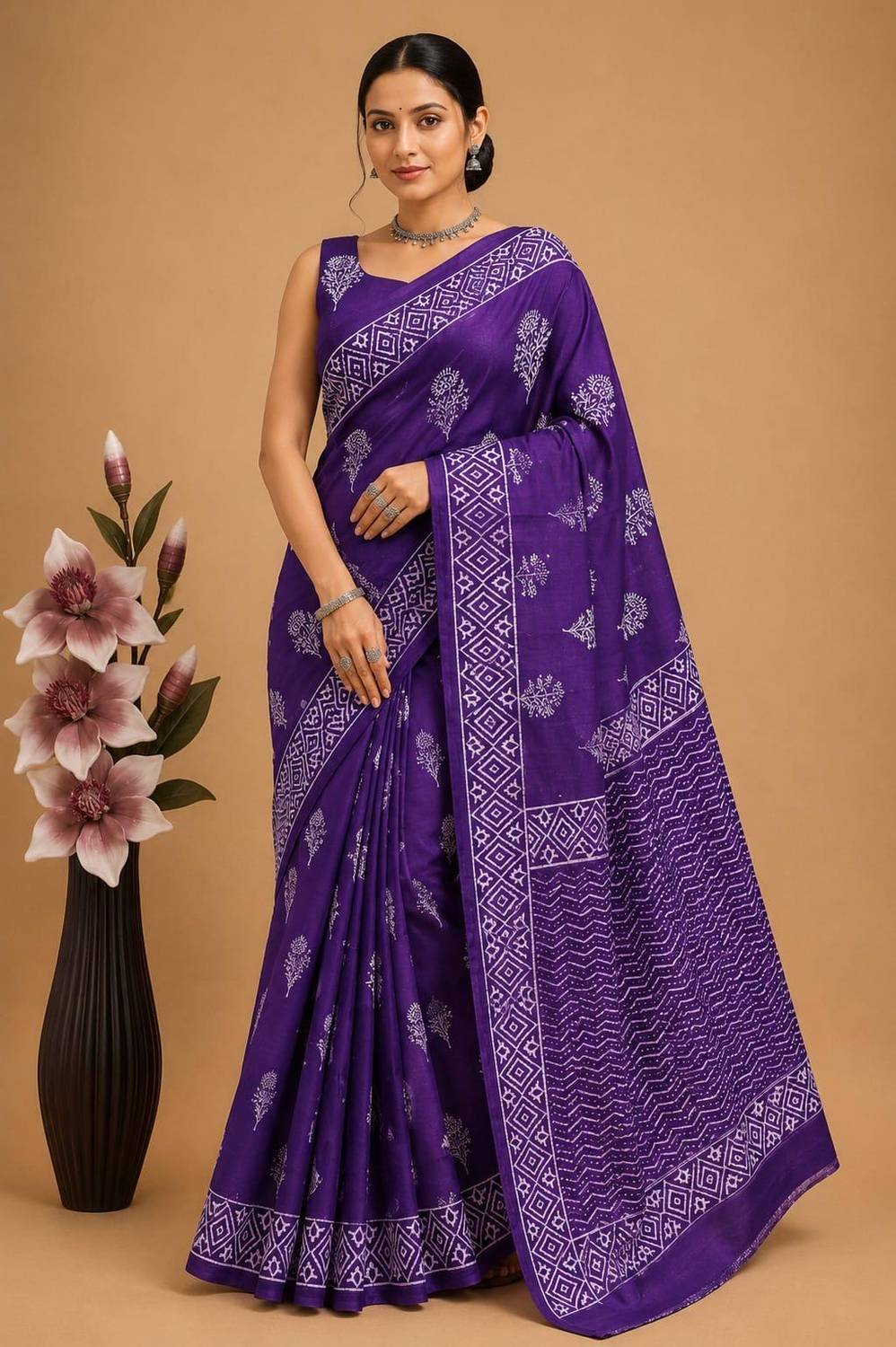 TAPITARA Woven, Printed, Floral Print, Geometric Print, Temple Border Kalamkari Cotton Linen Saree