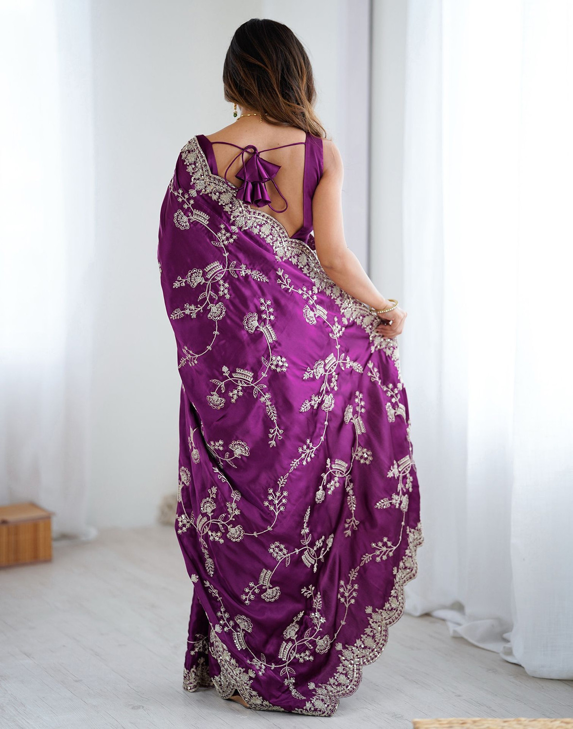 Image of Satrani Embroidered, Embellished Bollywood Satin Saree