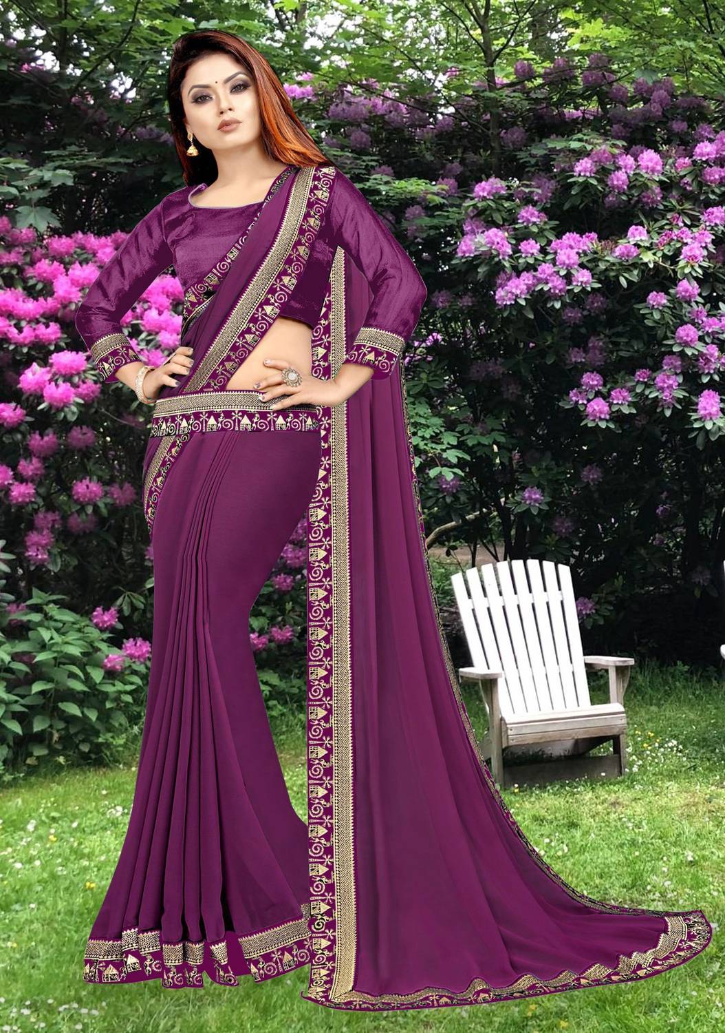 HNC Retail Solid/Plain Bollywood Lycra Blend, Chiffon Saree (Purp