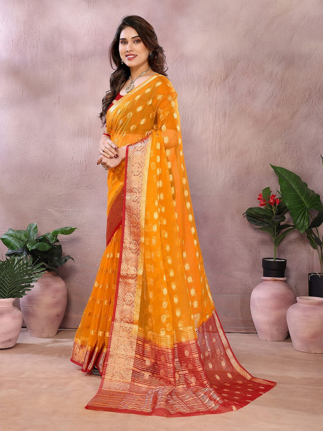 Image of Hema Silk Mills Printed Bollywood Organza Saree (Yellow)