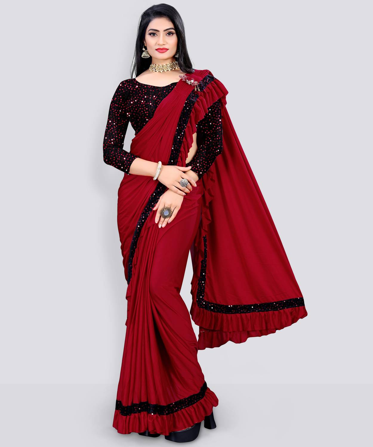 MIJAASHREE Embellished Bollywood Lycra Blend Saree (Red)