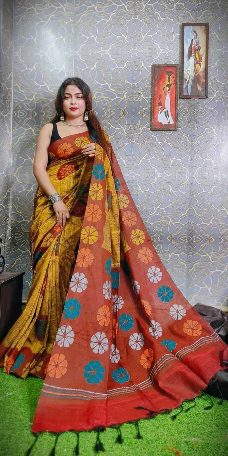 Joyguru Textile Printed Hand Batik Cotton Blend Saree