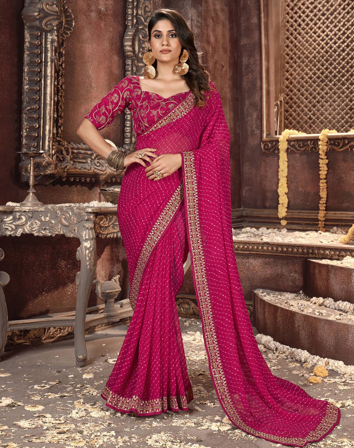 Siril Striped, Embellished Bandhani Georgette Saree (Pink, White)