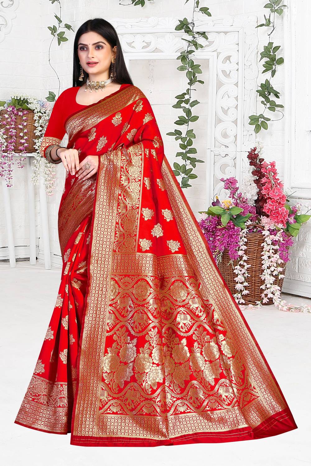 TIGERSNAKE Woven Kasavu Silk Blend Saree (Red)