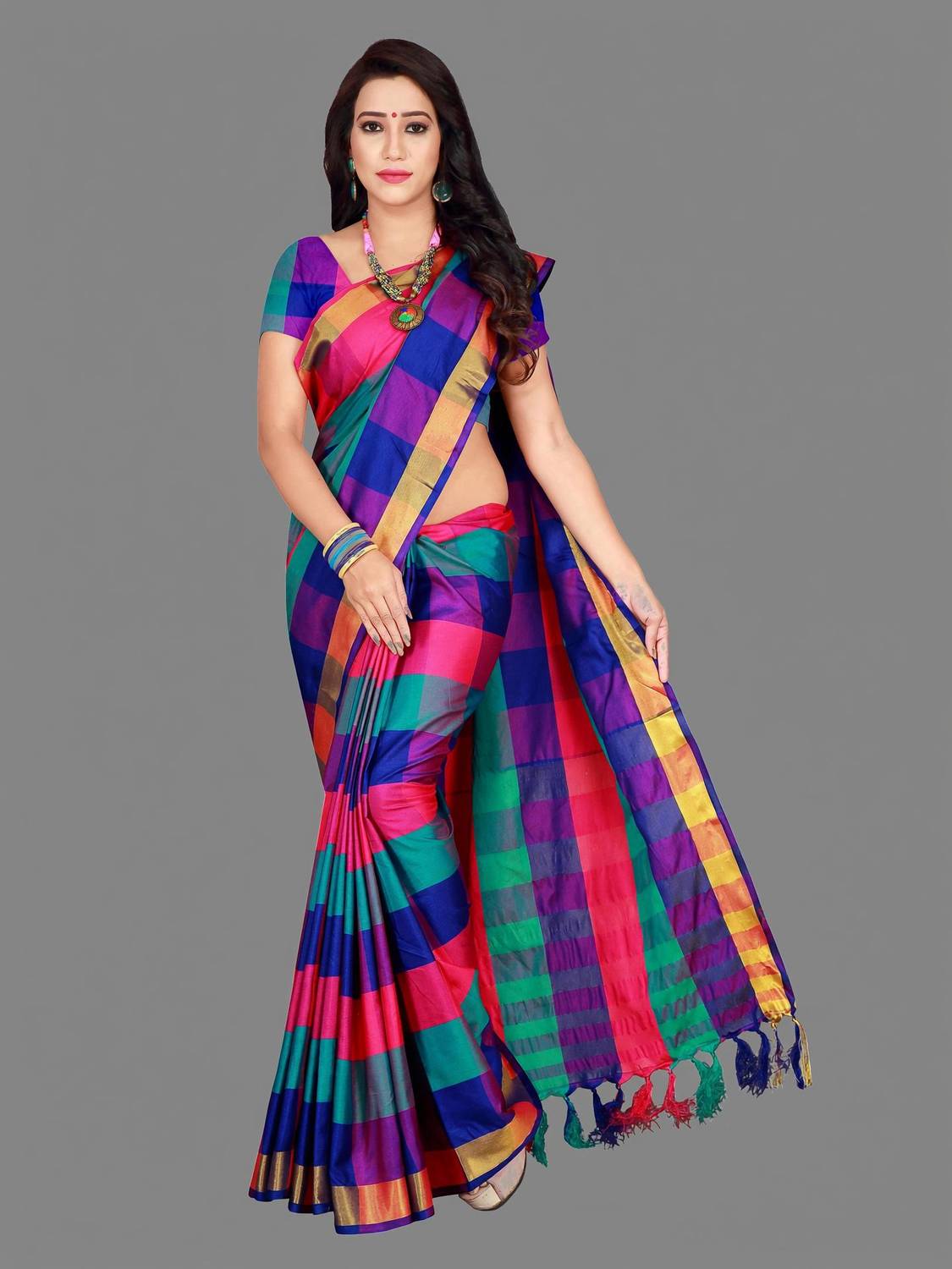 Shaibo Checkered Cotton Silk Saree - Image 1