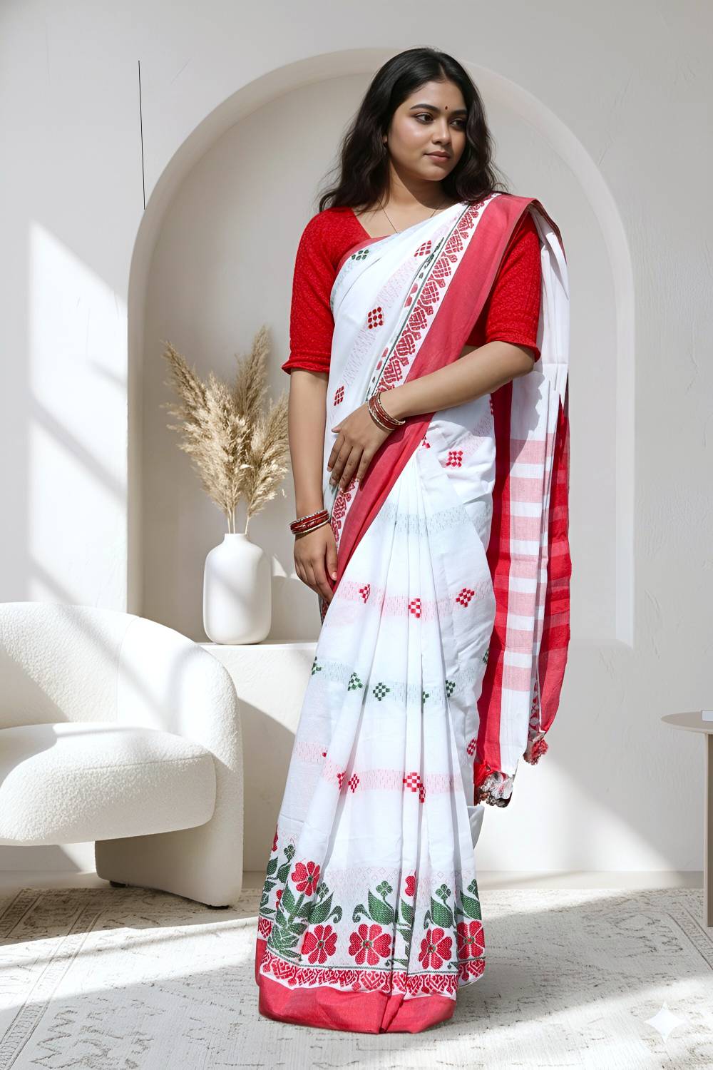 ADIVASI SHOP Solid/Plain Handloom Cotton Blend Saree