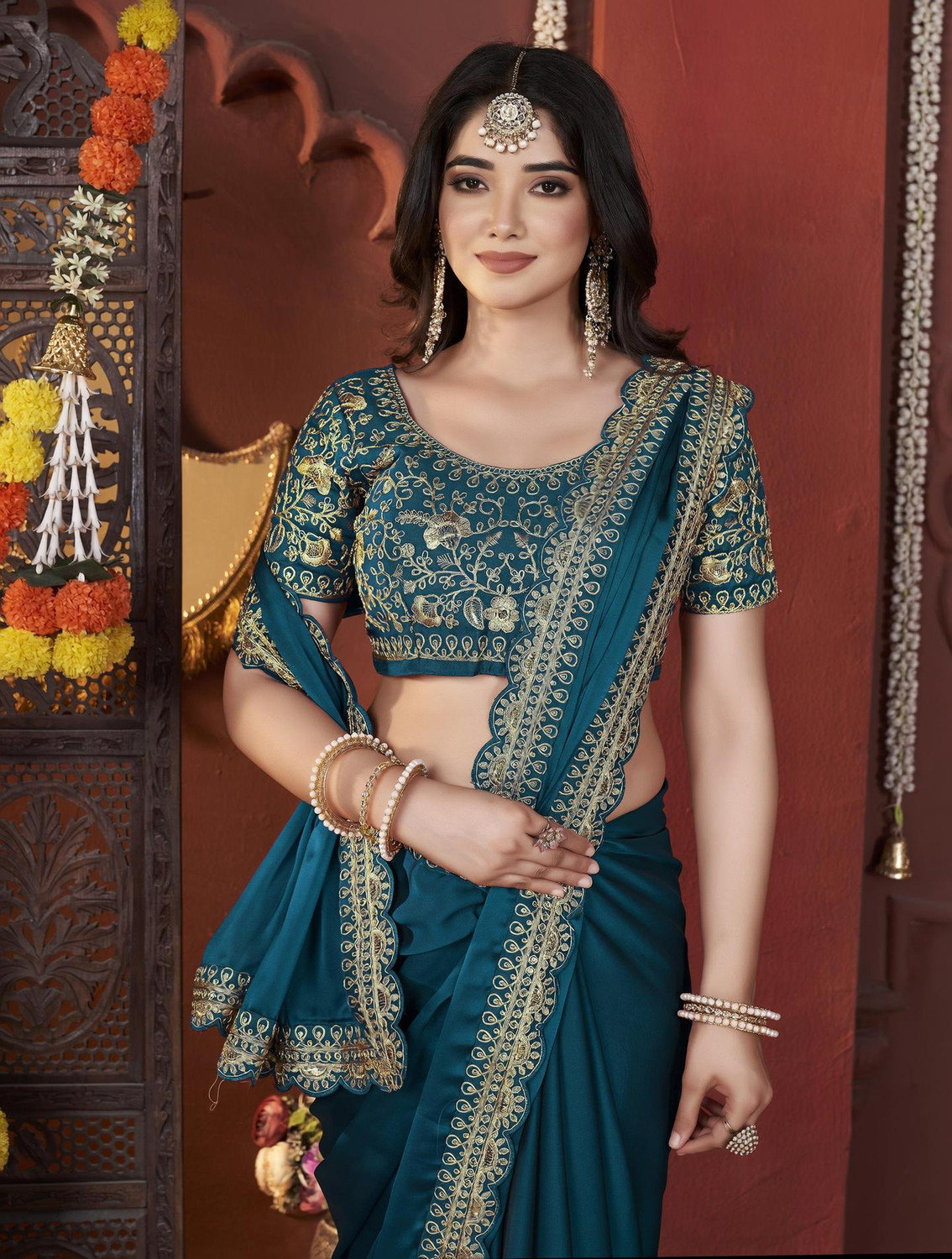 Image of Laddu creation Silk Blend Embroidered Blouse Material