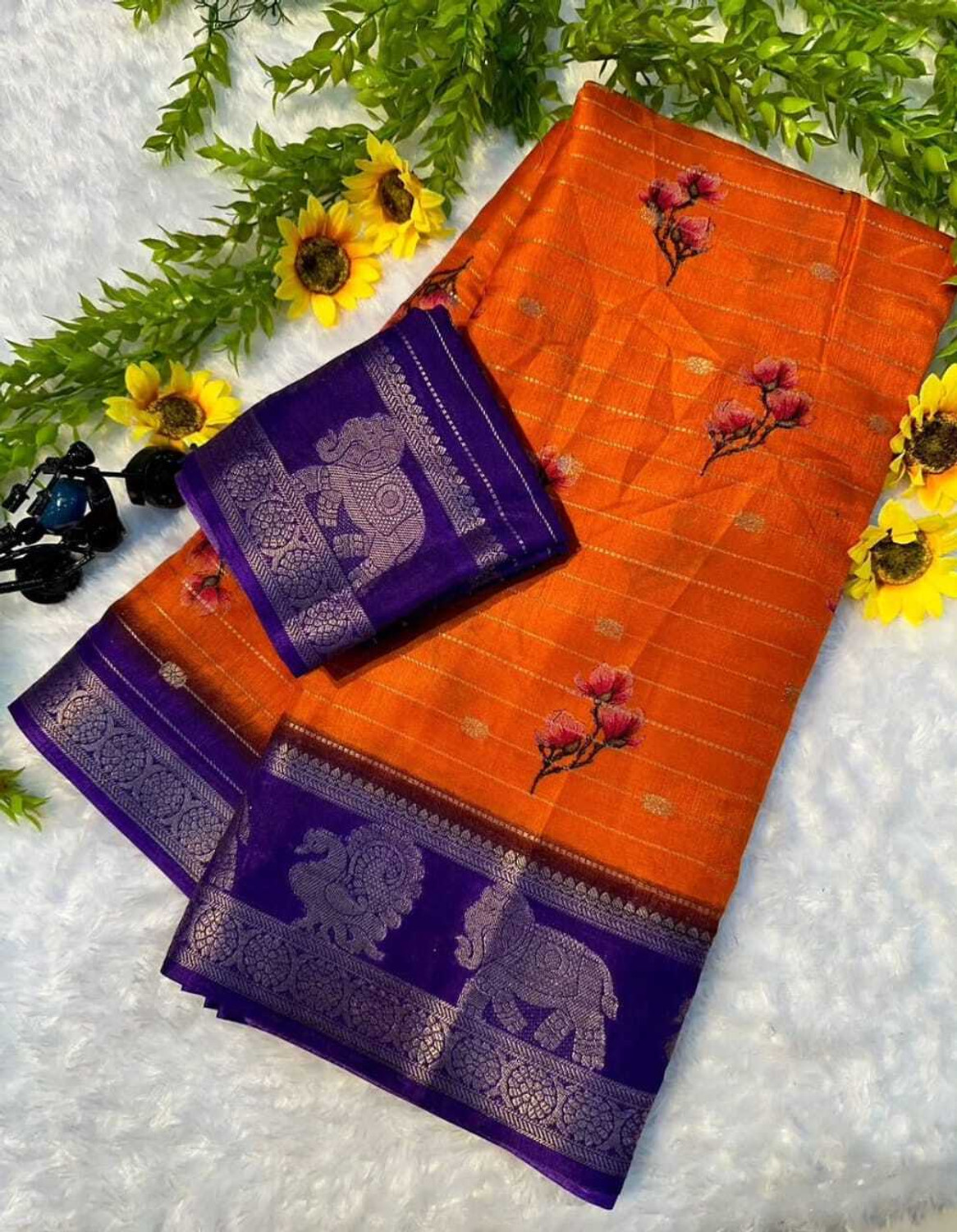 Image of Lincy Striped, Floral Print, Woven Bollywood Cotton Blend Saree