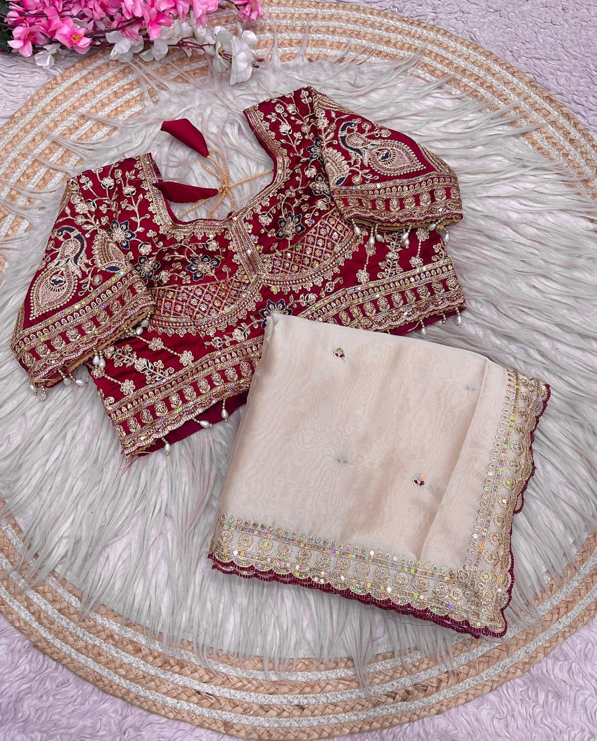 Image of JIVANDHARA Embroidered, Embellished Bollywood Pure Silk Saree