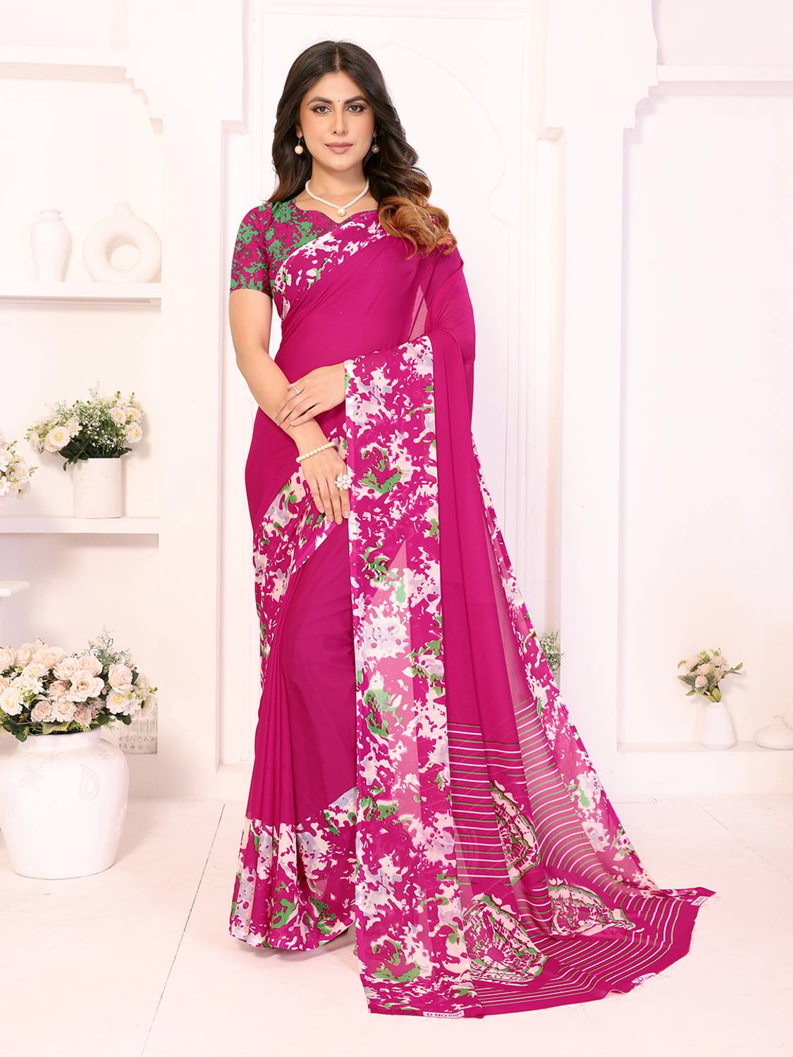 Anand Sarees Striped, Floral Print Daily Wear Georgette Saree