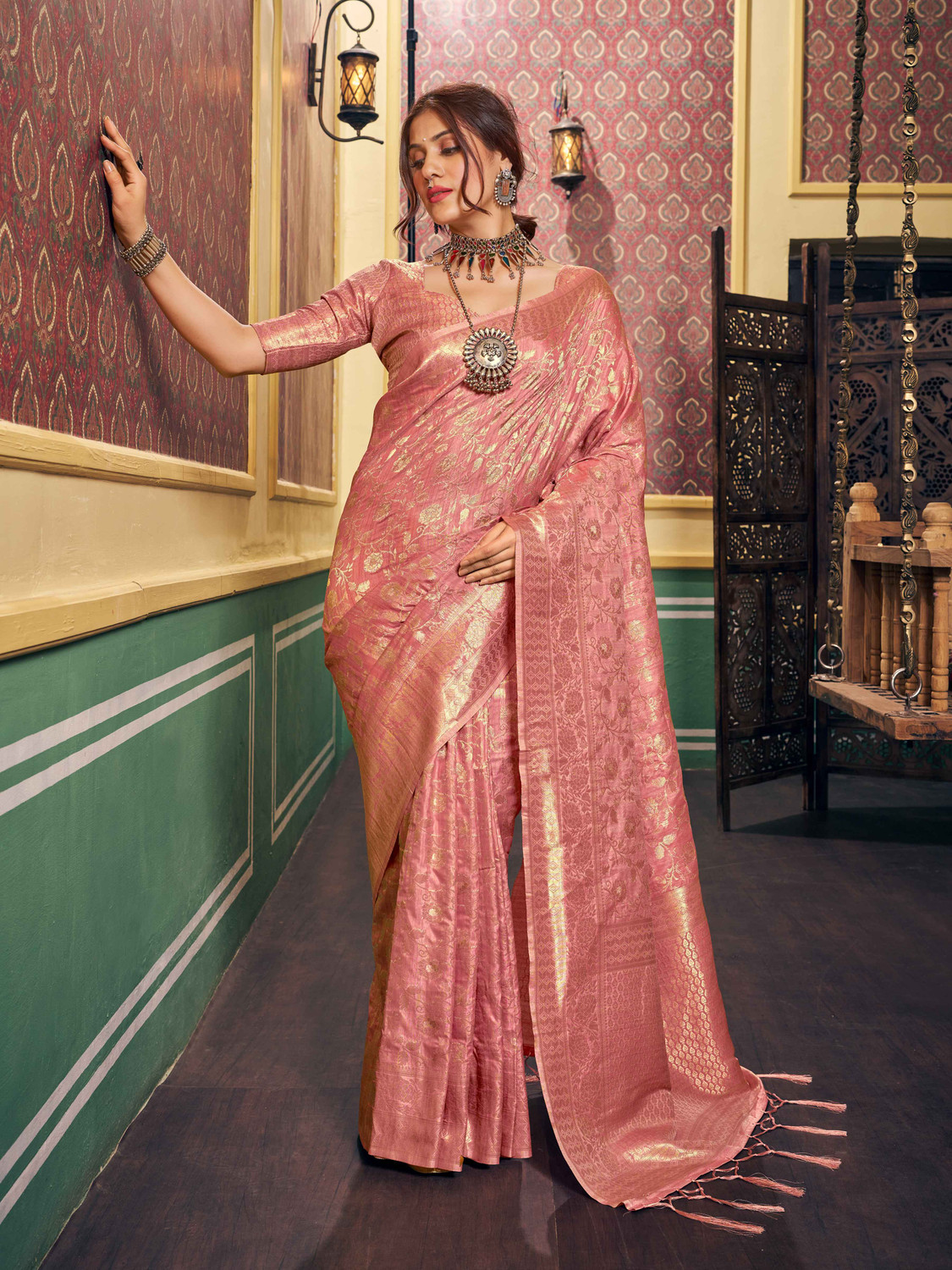 Image of Tasrika Woven, Self Design, Floral Print Kanjivaram Silk Blend Saree