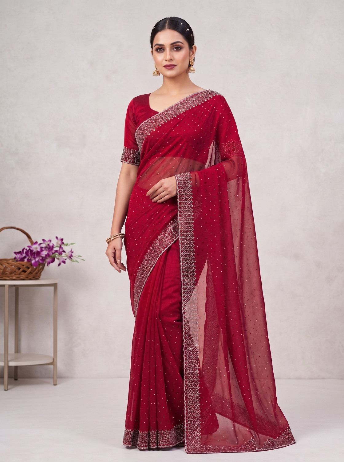 Image of dhanshree Embellished Bollywood Georgette Saree (Green)