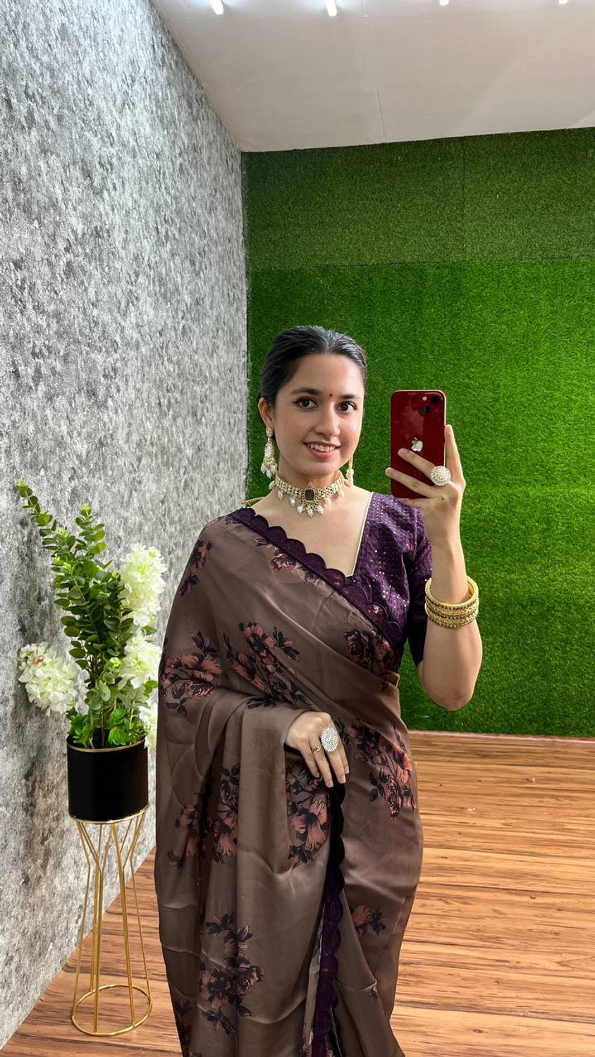 Image of SILKORA Floral Print, Embellished Bollywood Satin, Georgette Saree