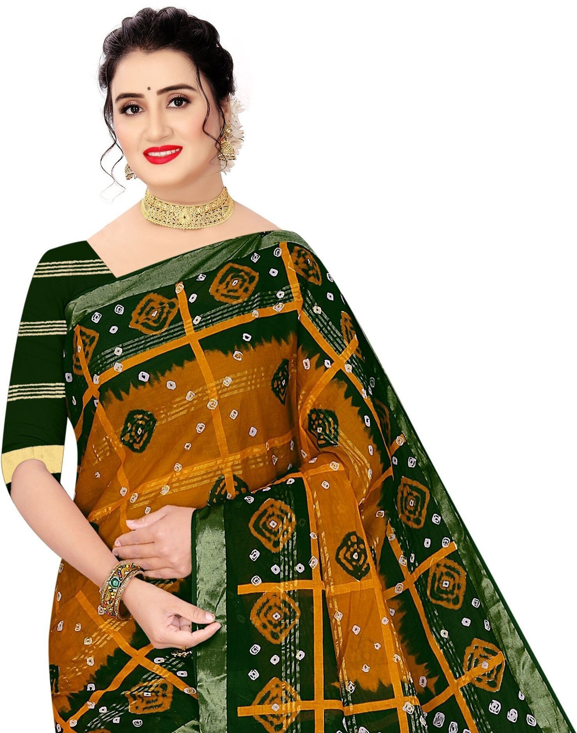 Image of SARITA SAREES Printed, Woven Bandhani Pure Cotton Saree