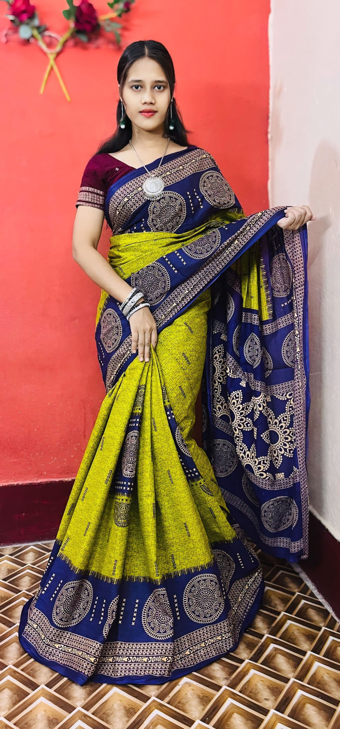 Image of ARTFULTHREADS Printed, Graphic Print Sambalpuri Pure Cotton Saree