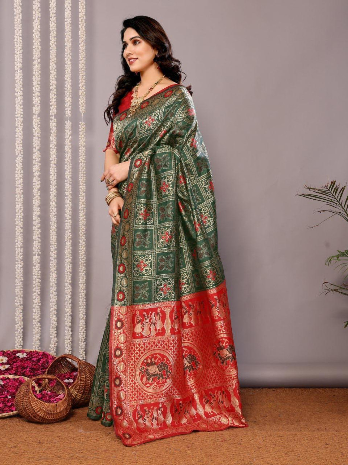 Image of WOMENELEGENCE Embellished Patola Pure Silk Saree