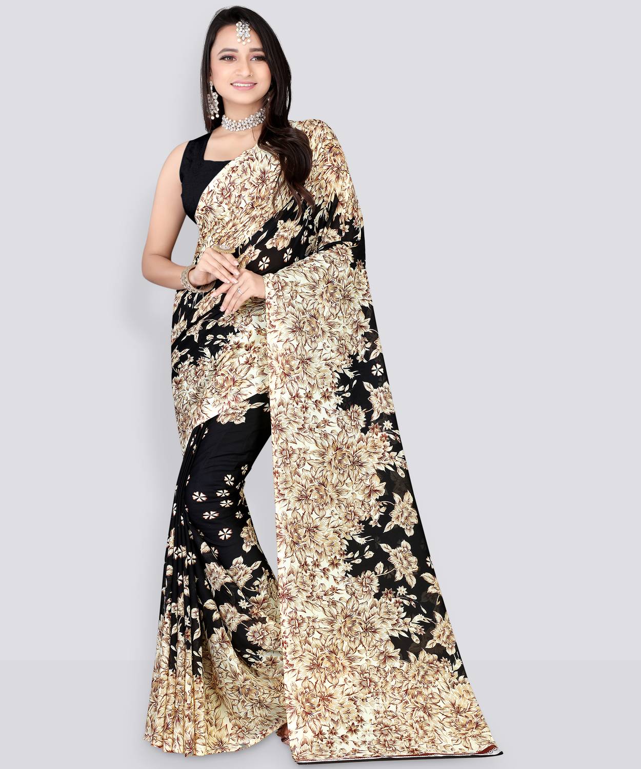 Leelavati Printed Daily Wear Georgette Saree (Black, Beige)