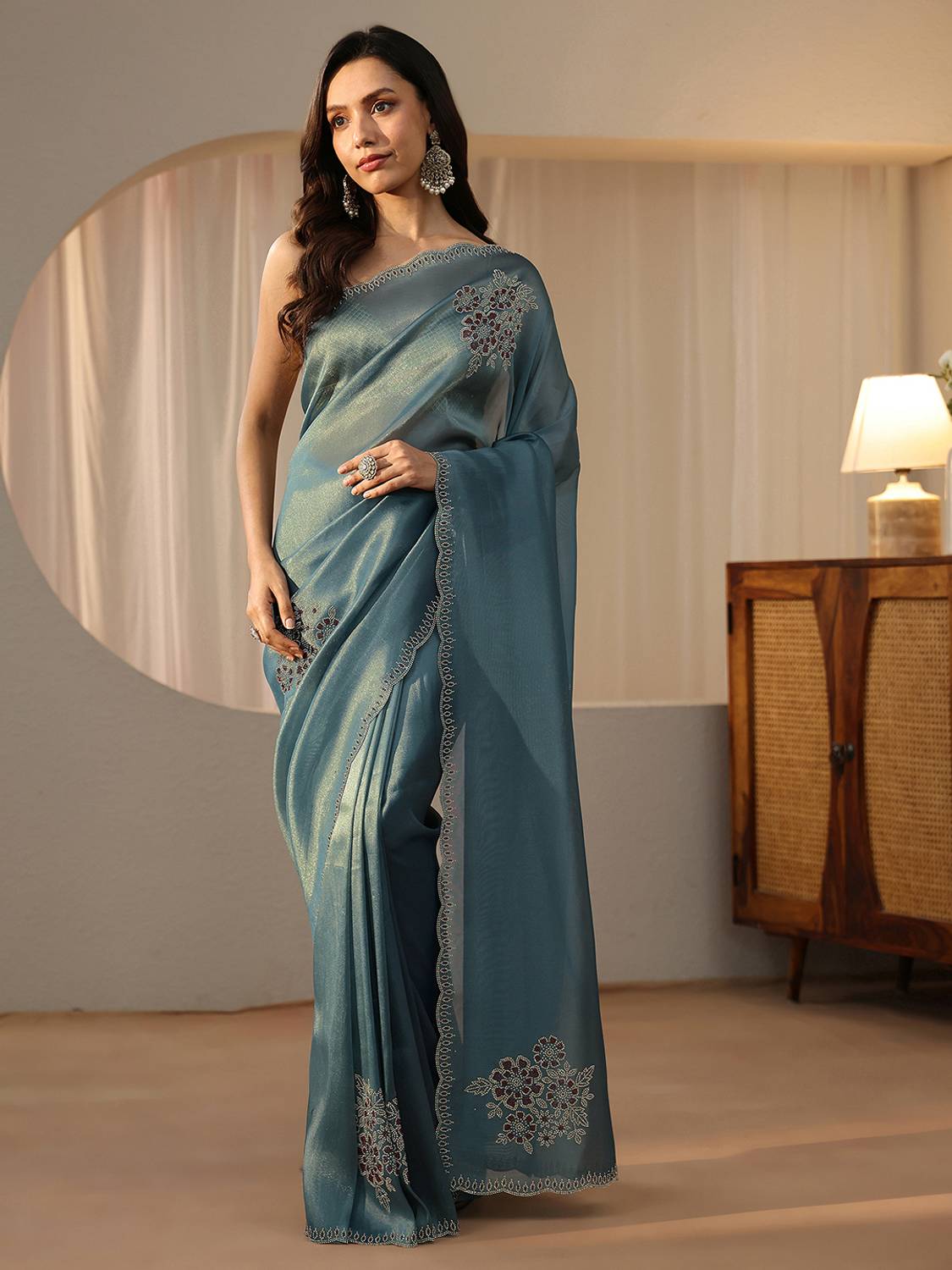 LIBAS Embellished Banarasi Tissue Saree Blue - Image 2